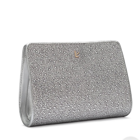 Larroude Erin crystal silver gray  clutch bag with removable gold chain strap - Picture 4 of 14